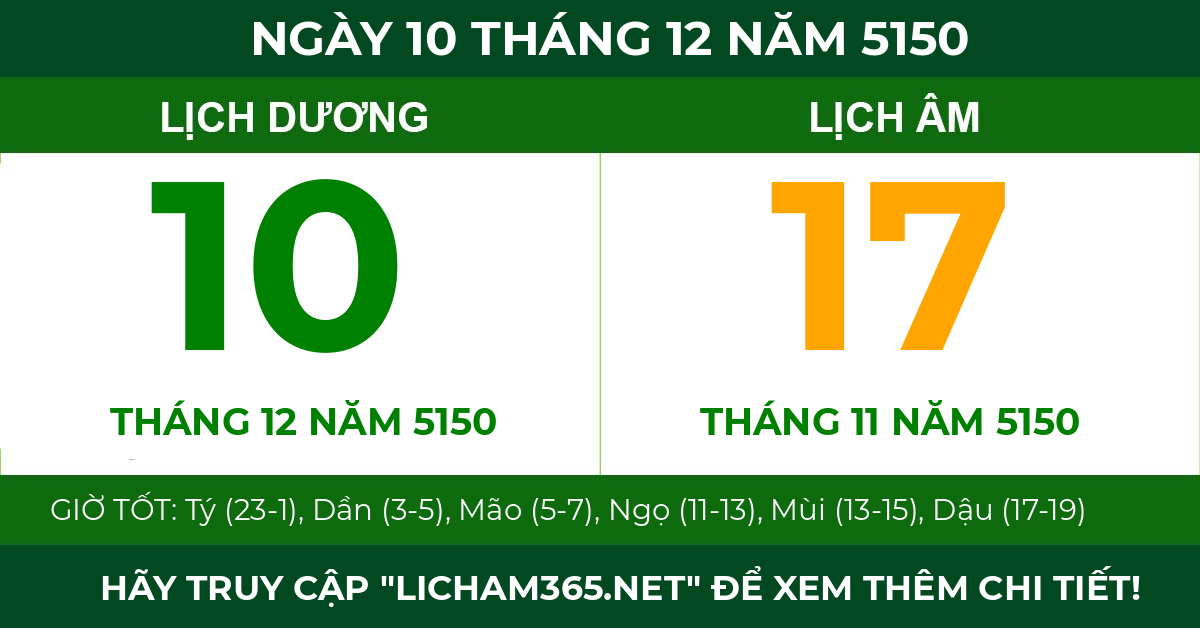 lịch âm ngày 10 tháng 12 năm 5150