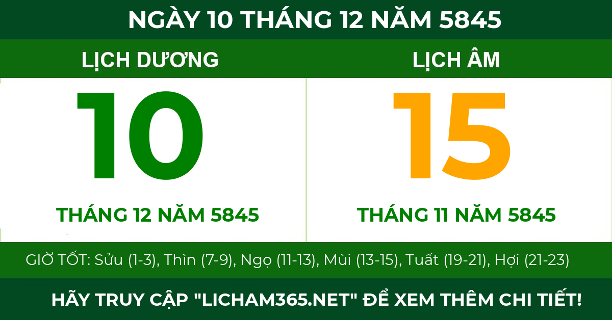 lịch âm ngày 10 tháng 12 năm 5845