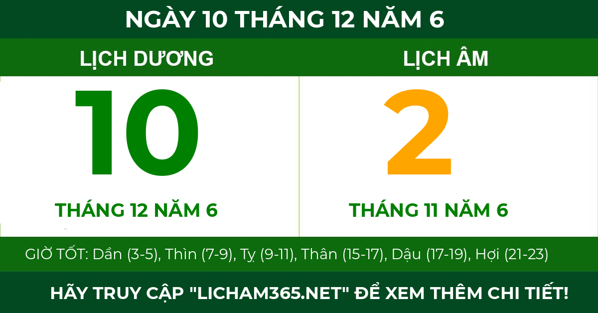 lịch âm ngày 10 tháng 12 năm 6