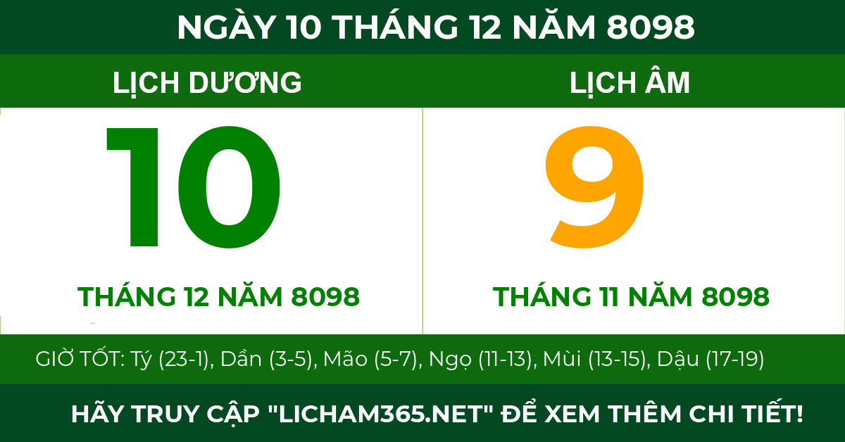 lịch âm ngày 10 tháng 12 năm 8098