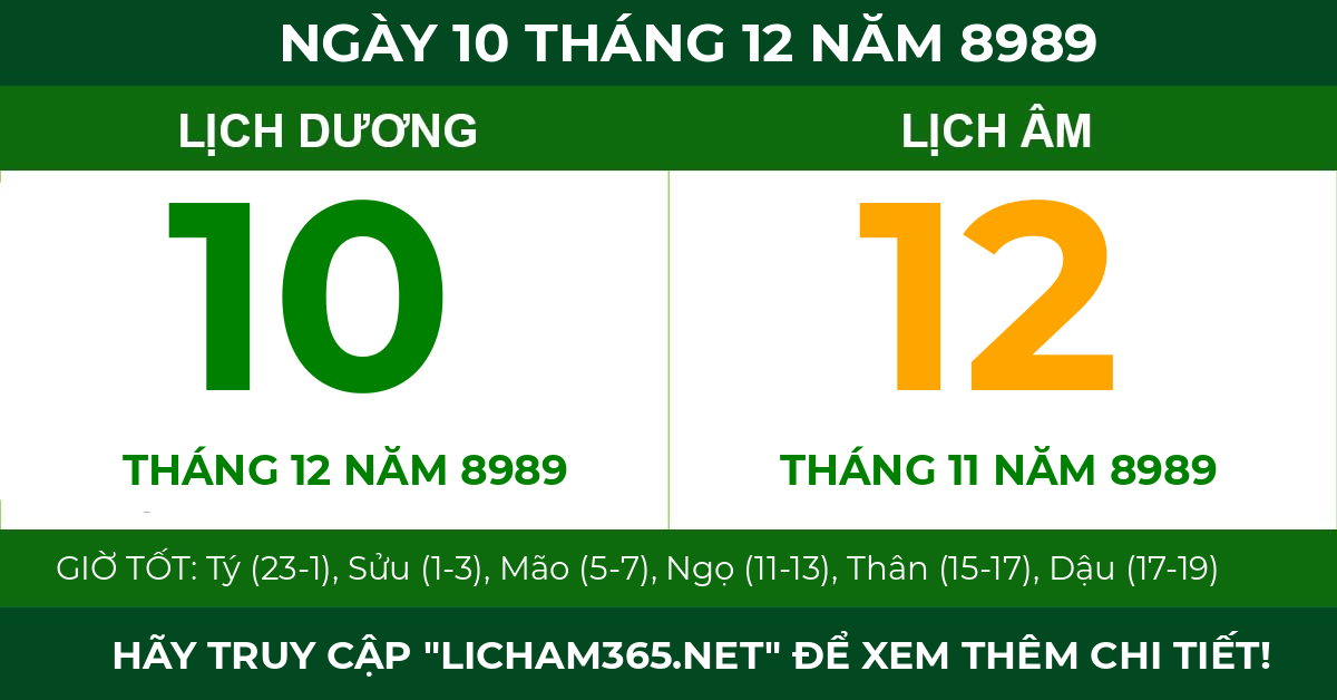 lịch âm ngày 10 tháng 12 năm 8989