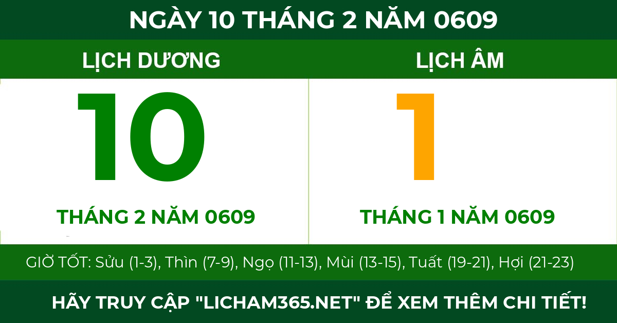 lịch âm ngày 10 tháng 2 năm 0609