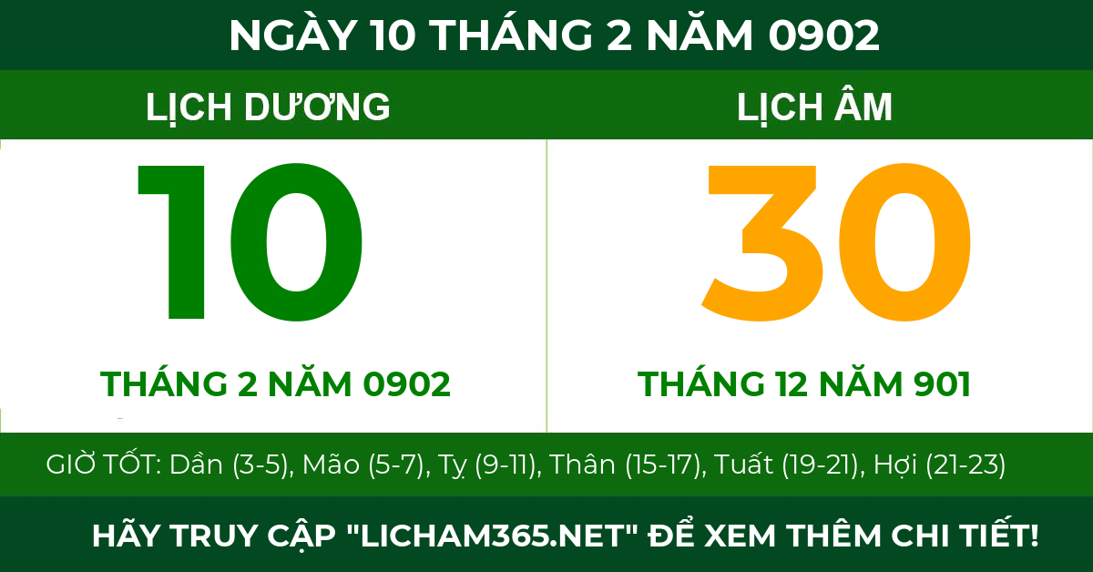 lịch âm ngày 10 tháng 2 năm 0902