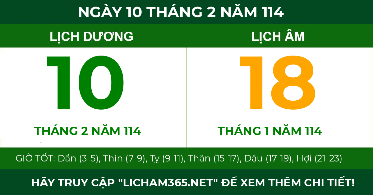 lịch âm ngày 10 tháng 2 năm 114