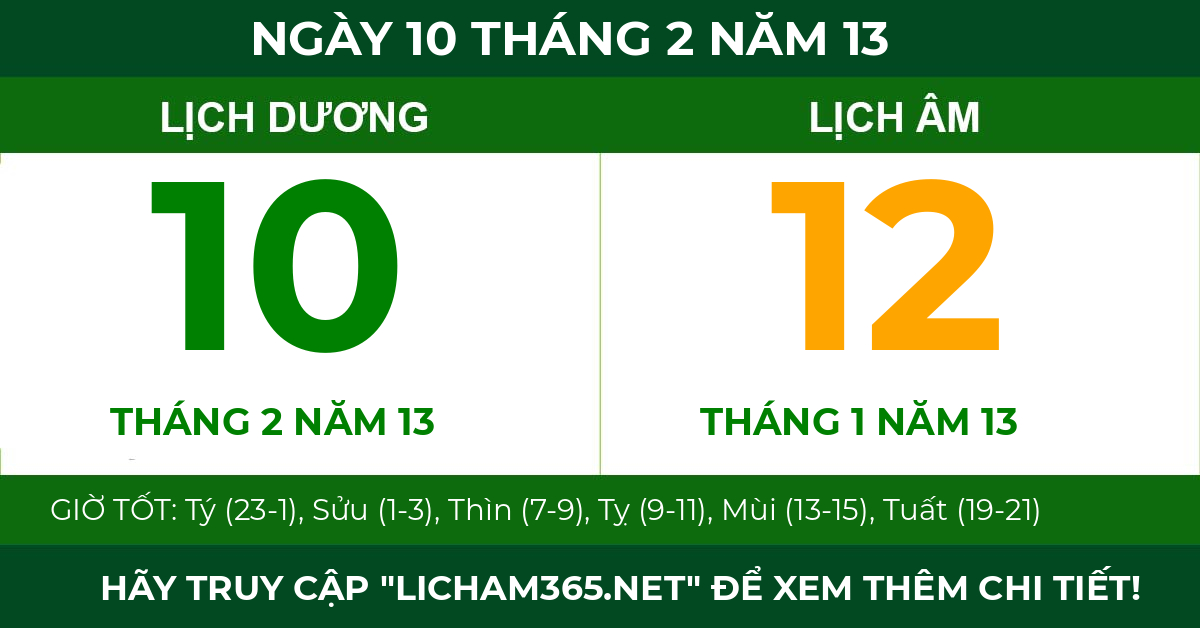 lịch âm ngày 10 tháng 2 năm 13