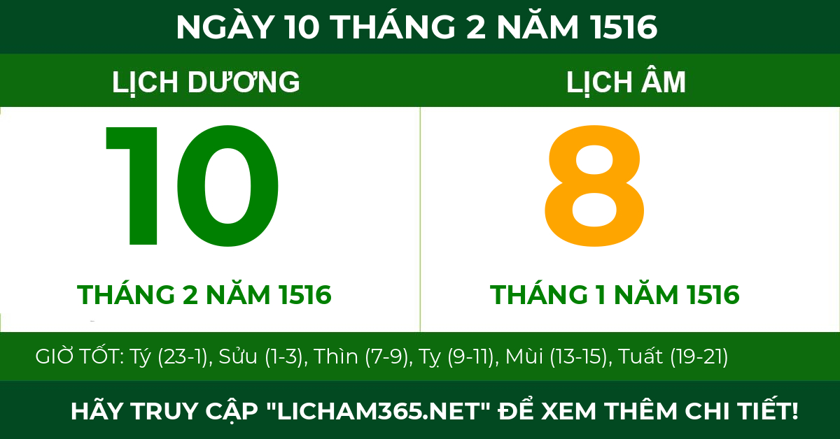 lịch âm ngày 10 tháng 2 năm 1516