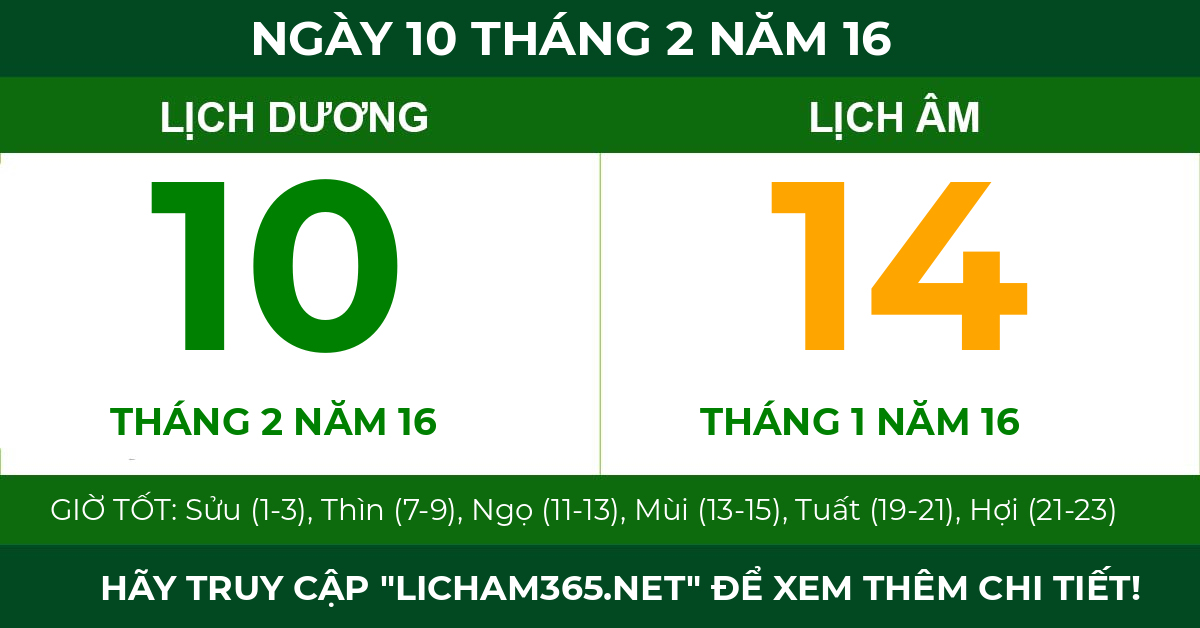 lịch âm ngày 10 tháng 2 năm 16