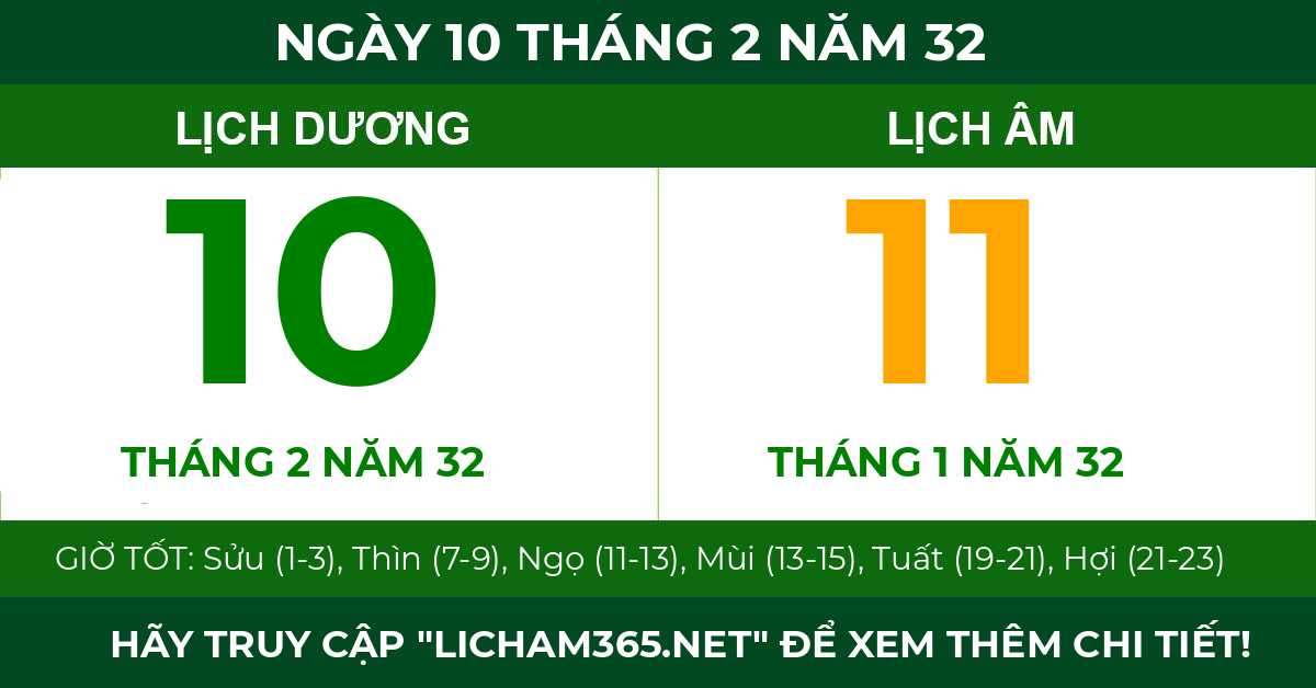 lịch âm ngày 10 tháng 2 năm 32