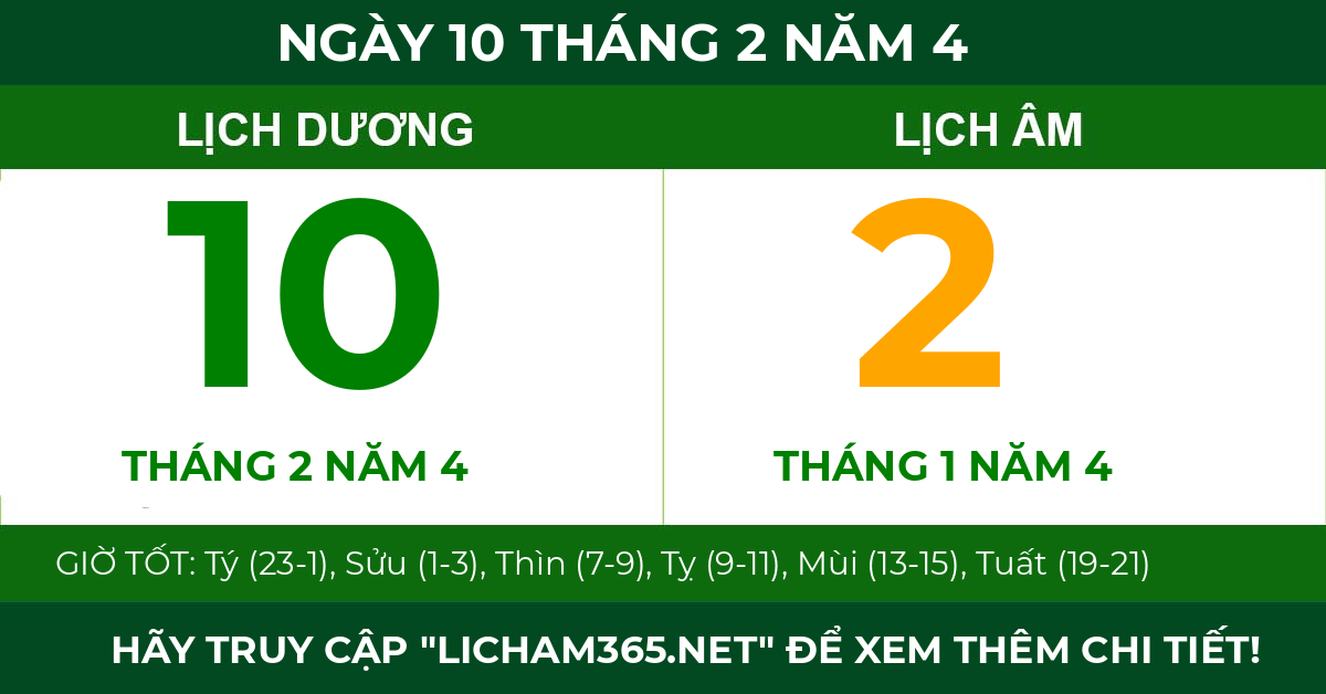 lịch âm ngày 10 tháng 2 năm 4