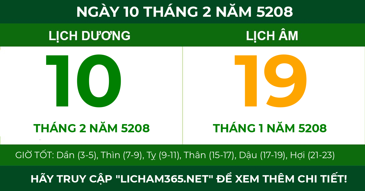 lịch âm ngày 10 tháng 2 năm 5208