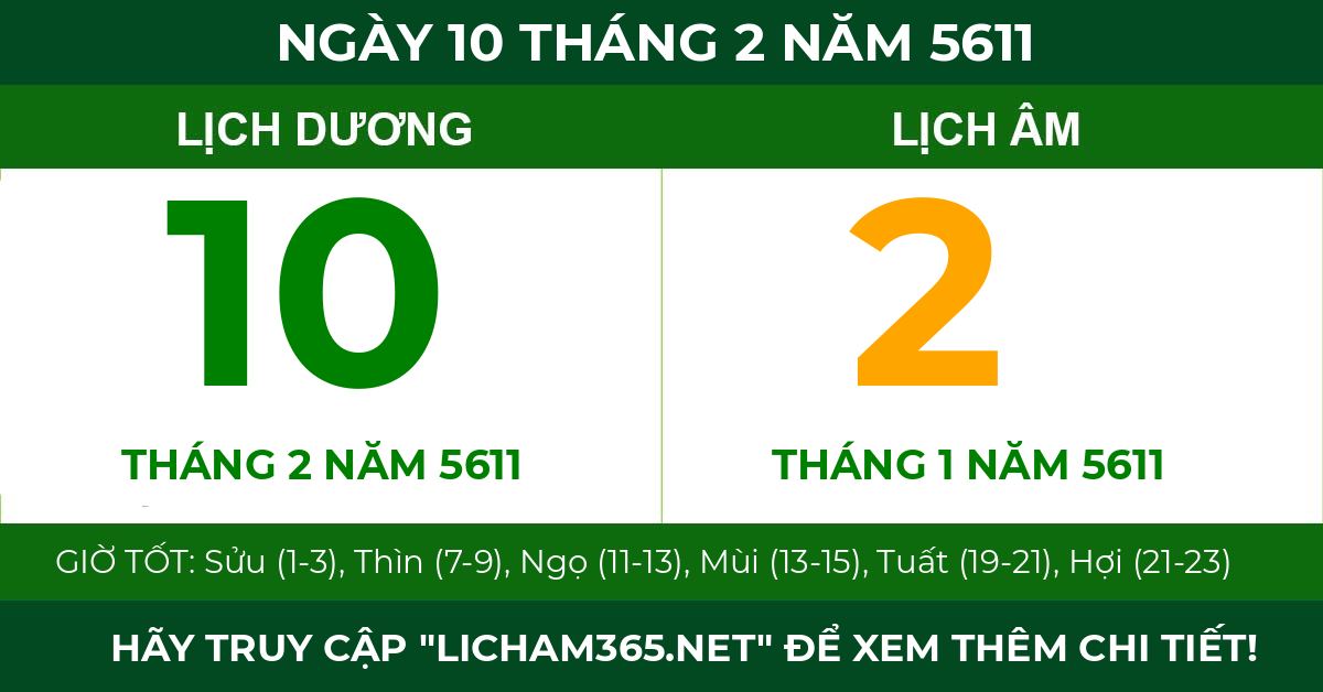 lịch âm ngày 10 tháng 2 năm 5611