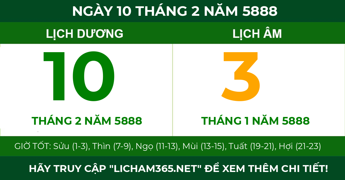 lịch âm ngày 10 tháng 2 năm 5888