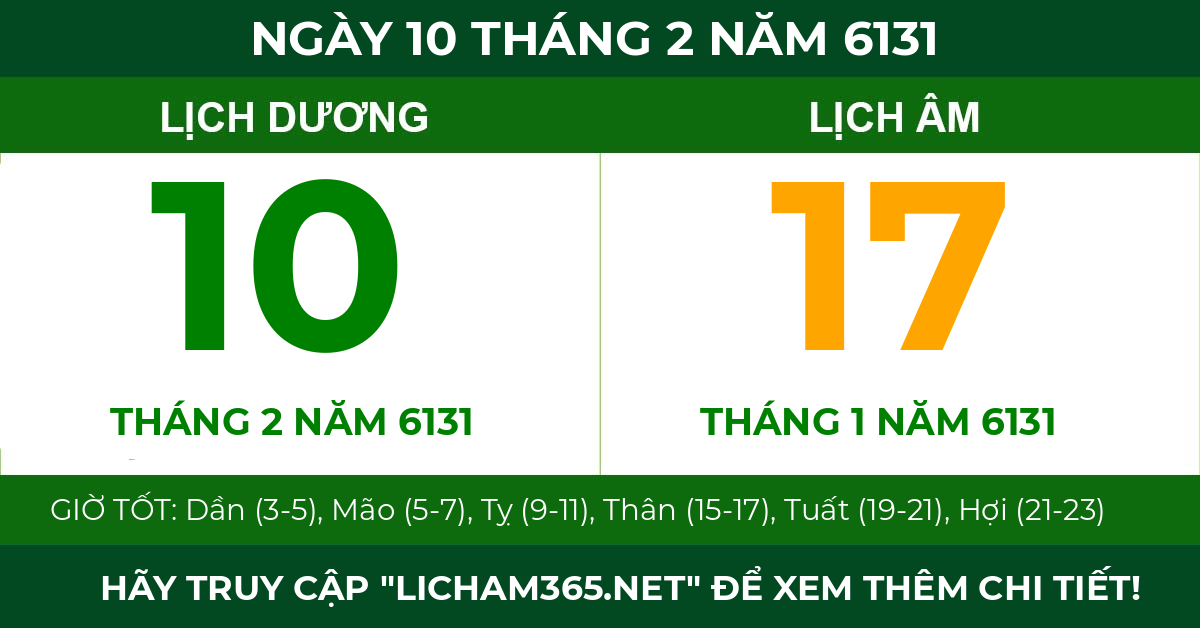 lịch âm ngày 10 tháng 2 năm 6131