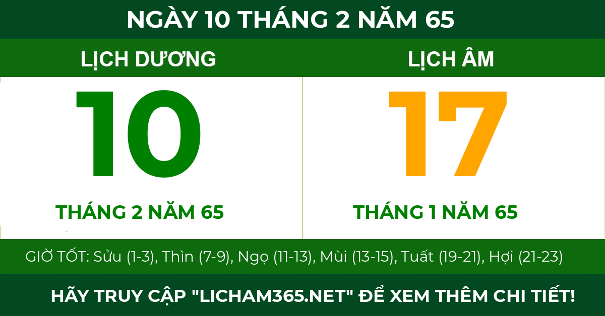 lịch âm ngày 10 tháng 2 năm 65