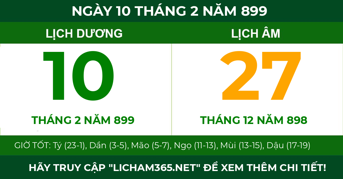 lịch âm ngày 10 tháng 2 năm 899