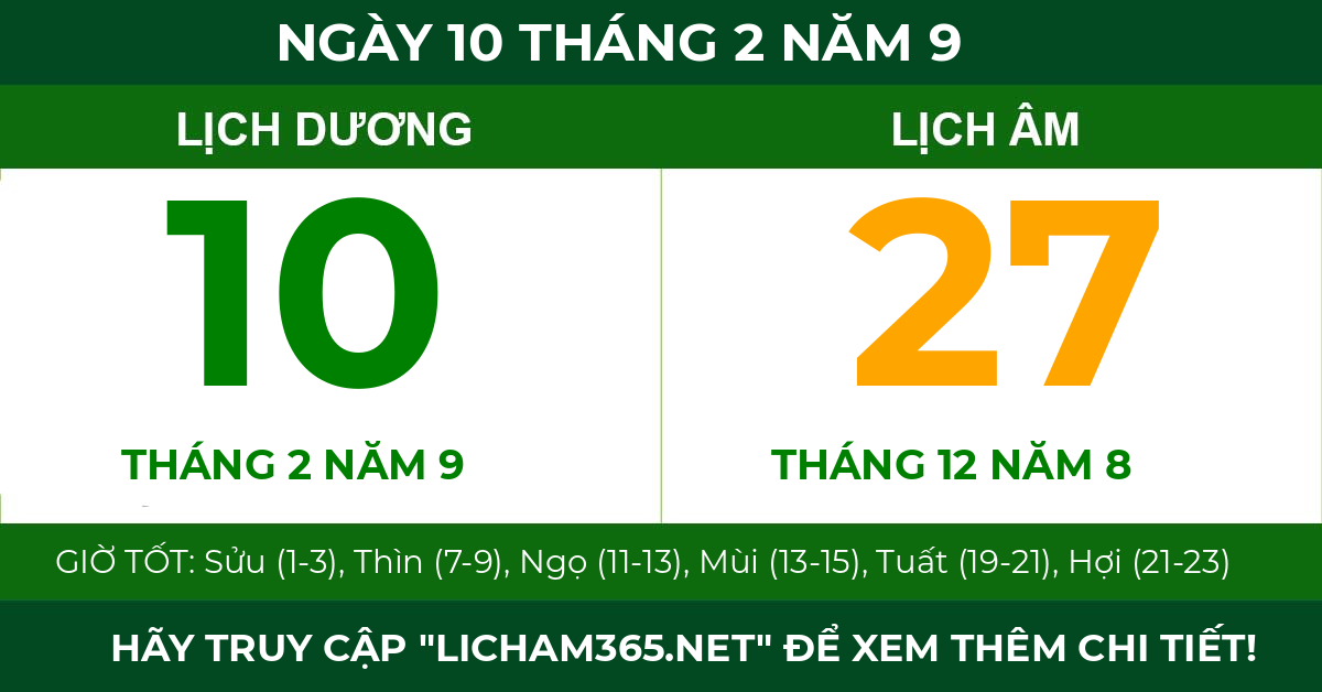 lịch âm ngày 10 tháng 2 năm 9