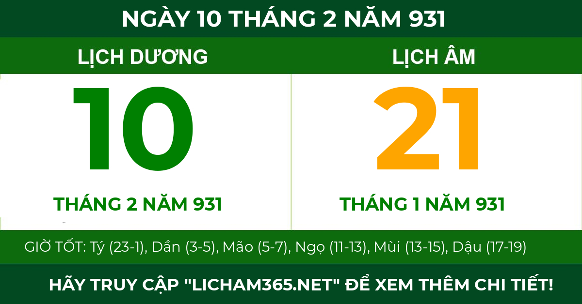 lịch âm ngày 10 tháng 2 năm 931