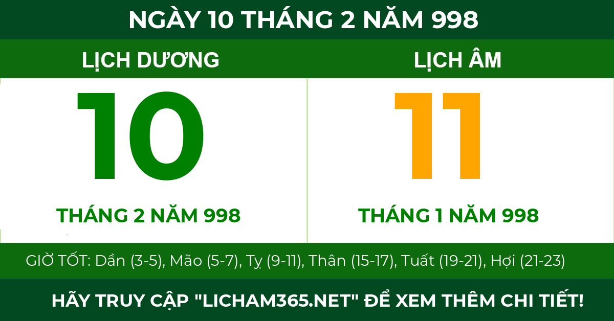 lịch âm ngày 10 tháng 2 năm 998