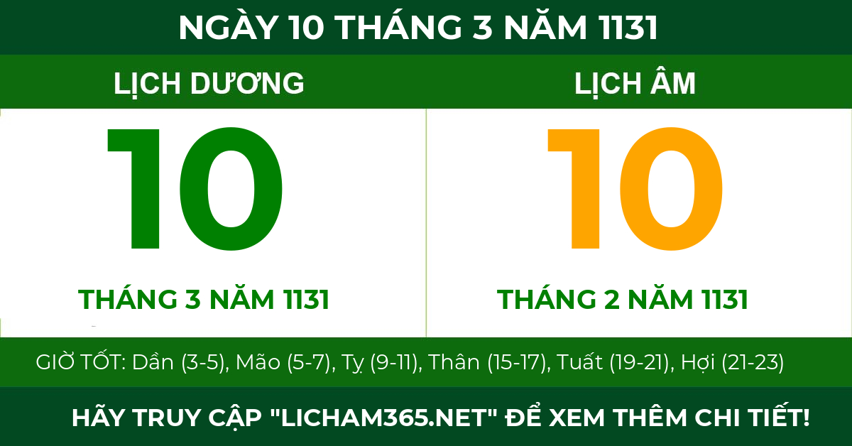 lịch âm ngày 10 tháng 3 năm 1131