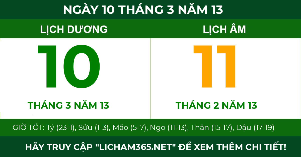lịch âm ngày 10 tháng 3 năm 13