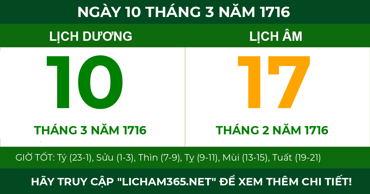 lịch âm ngày 10 tháng 3 năm 1716