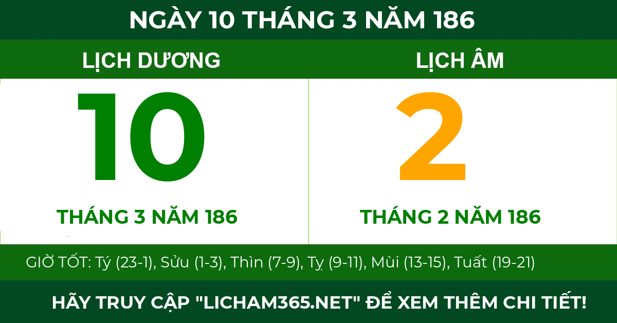 lịch âm ngày 10 tháng 3 năm 186