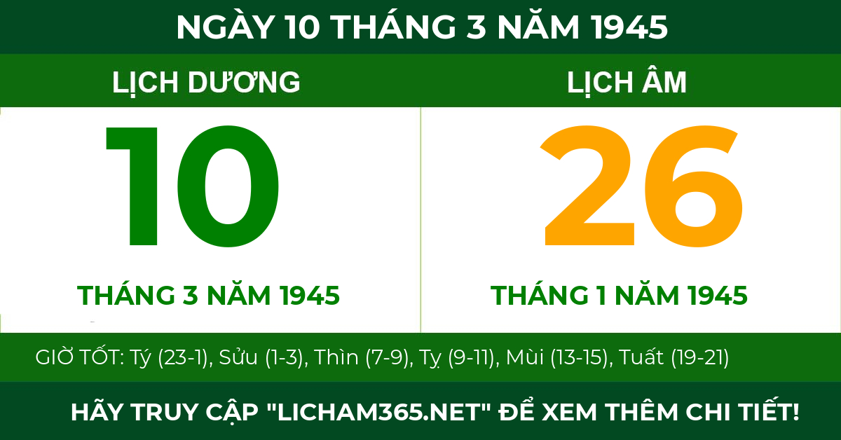 lịch âm ngày 10 tháng 3 năm 1945