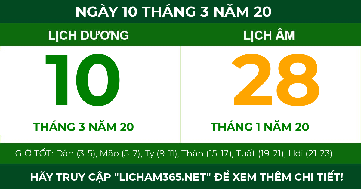 lịch âm ngày 10 tháng 3 năm 20