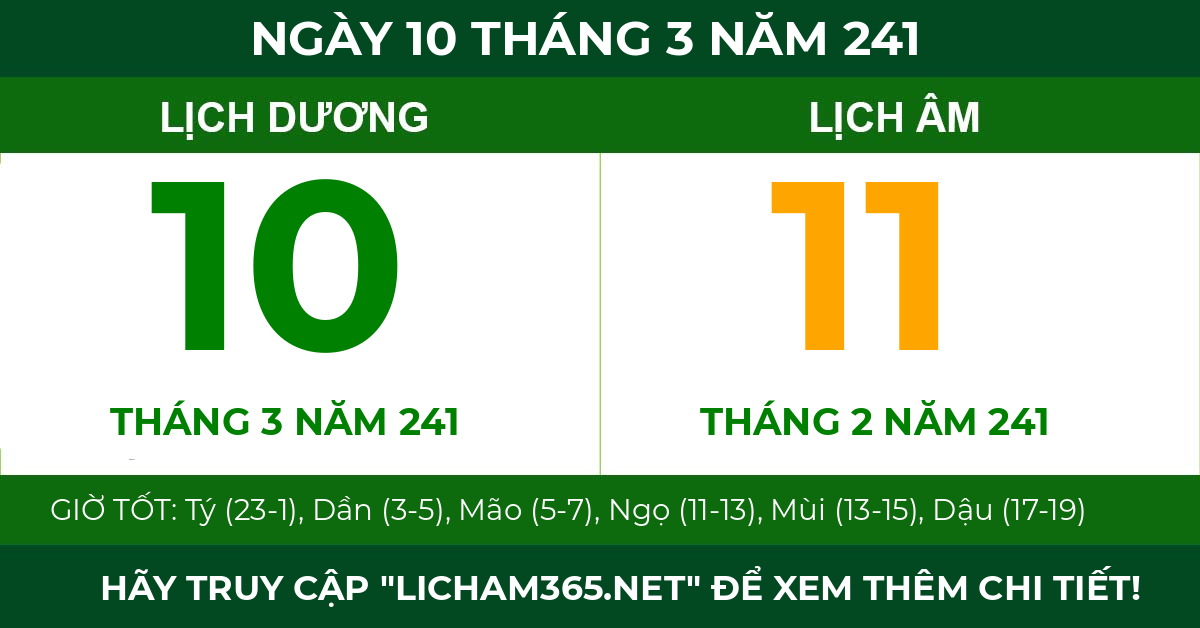 lịch âm ngày 10 tháng 3 năm 241