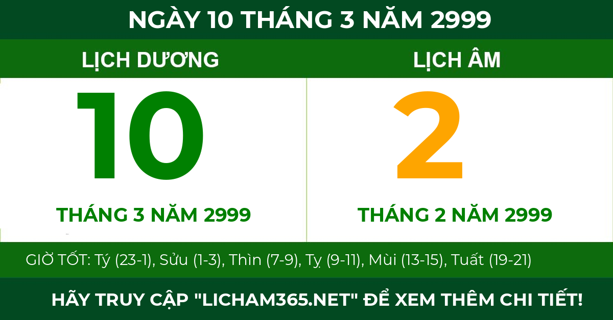 lịch âm ngày 10 tháng 3 năm 2999