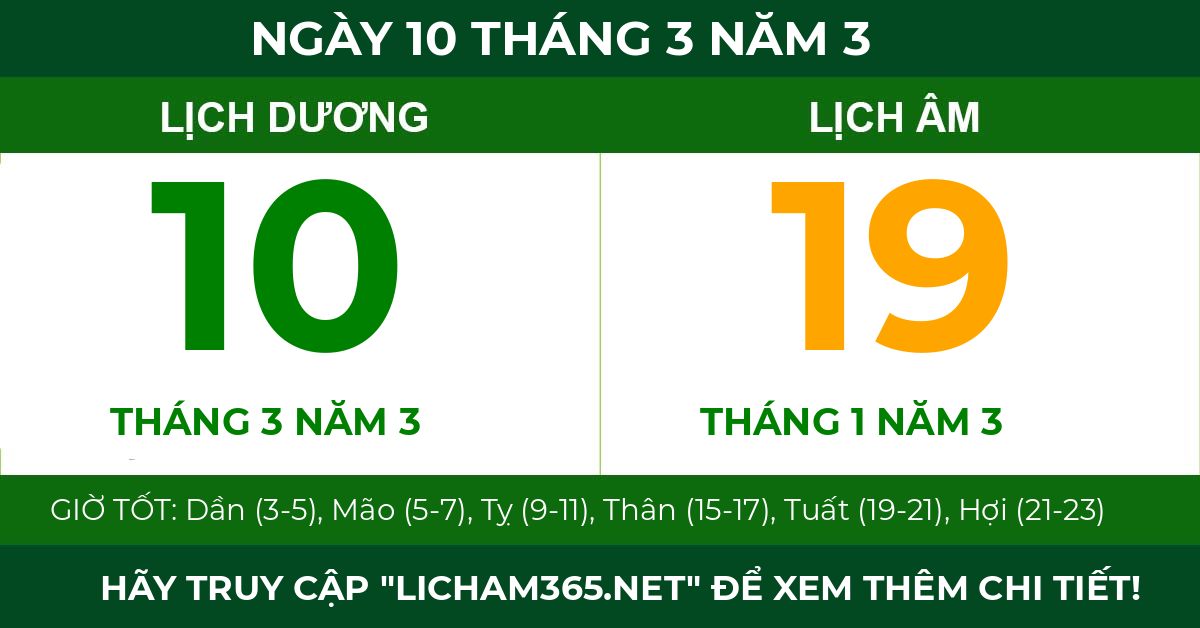 lịch âm ngày 10 tháng 3 năm 3