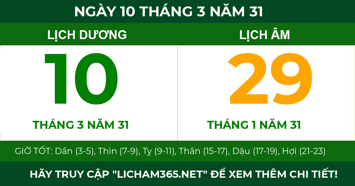 lịch âm ngày 10 tháng 3 năm 31
