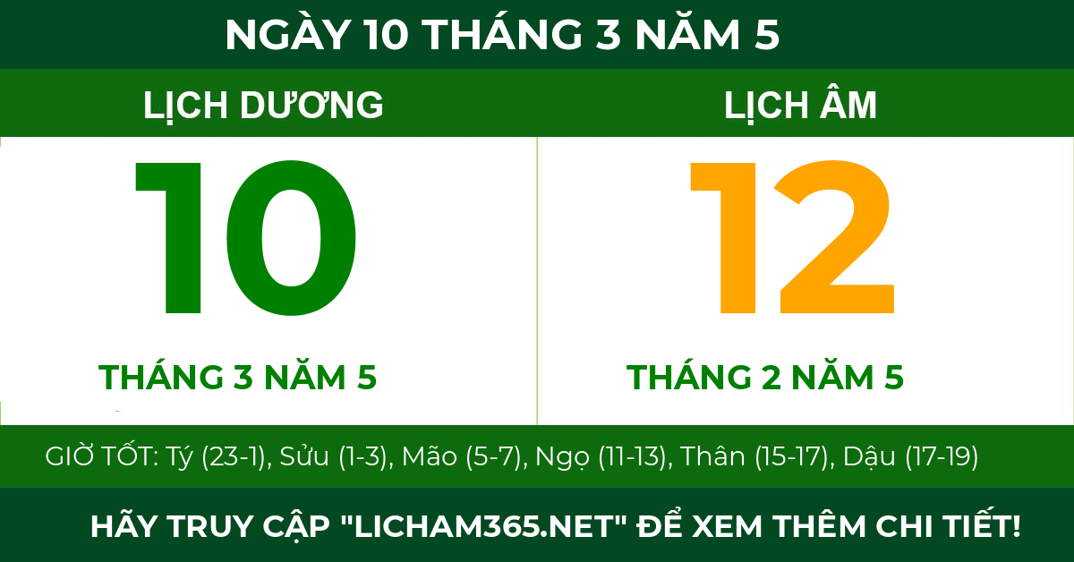 lịch âm ngày 10 tháng 3 năm 5