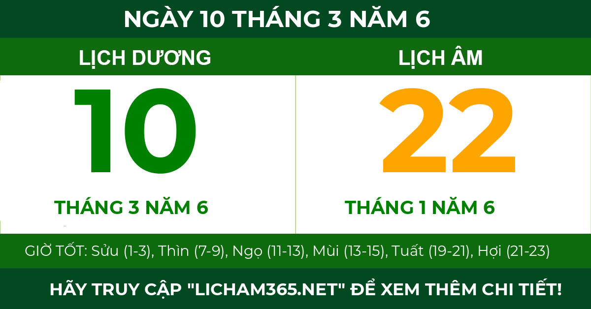 lịch âm ngày 10 tháng 3 năm 6