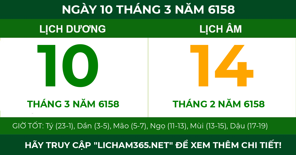 lịch âm ngày 10 tháng 3 năm 6158