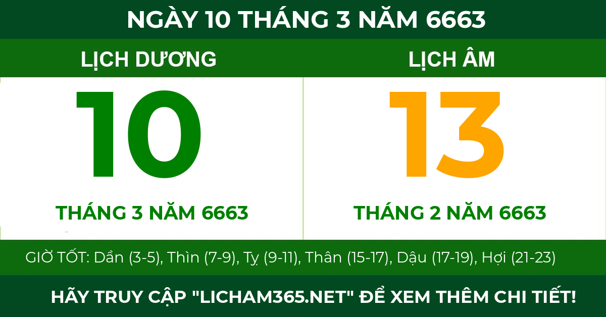 lịch âm ngày 10 tháng 3 năm 6663