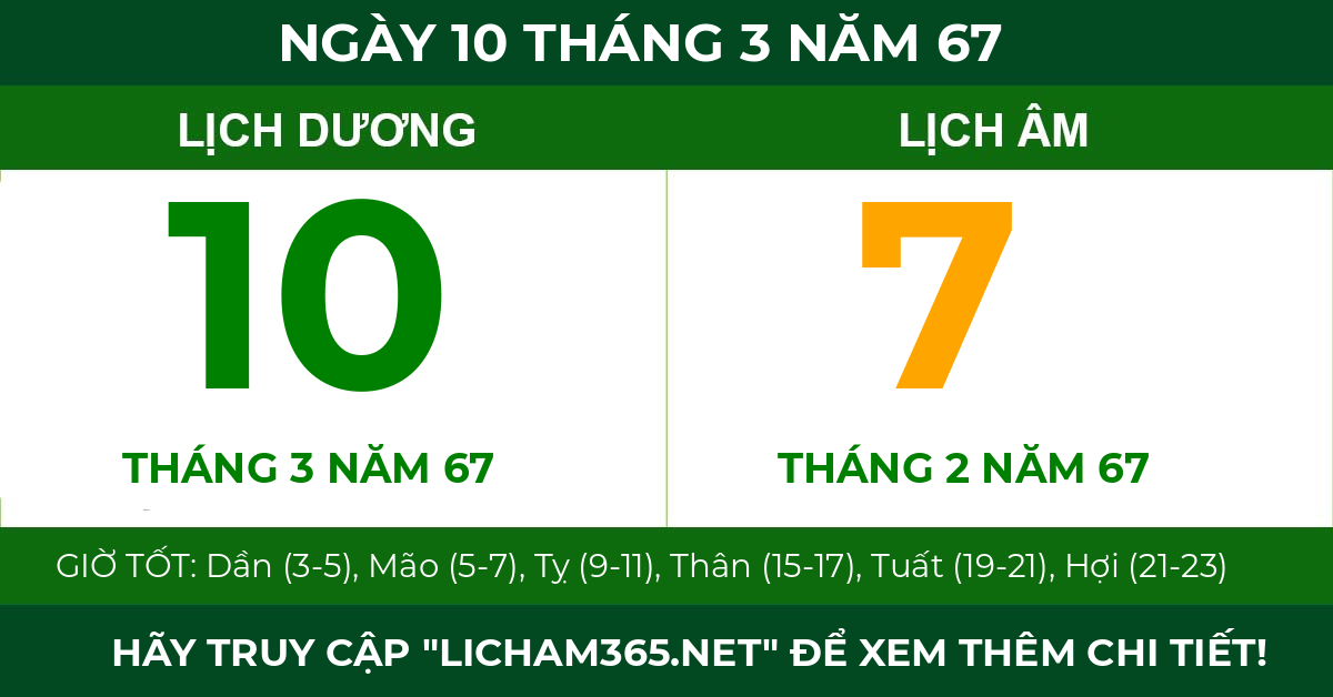 lịch âm ngày 10 tháng 3 năm 67