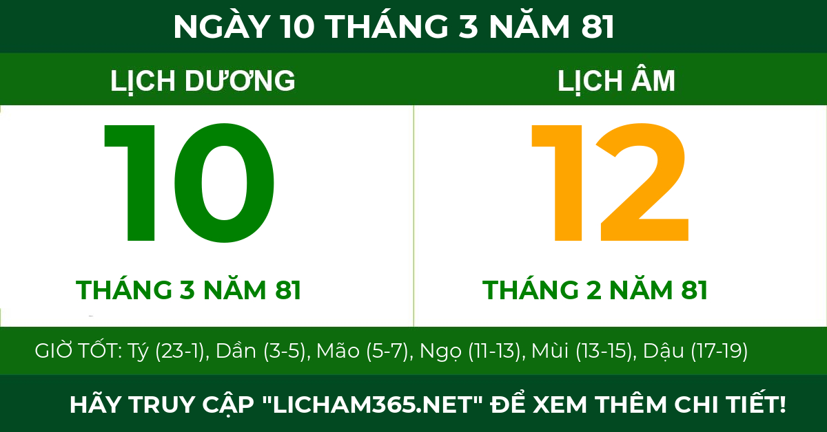 lịch âm ngày 10 tháng 3 năm 81