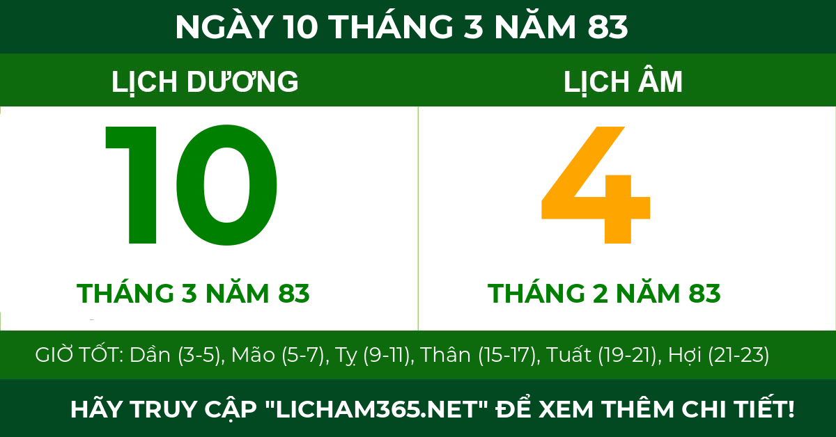 lịch âm ngày 10 tháng 3 năm 83