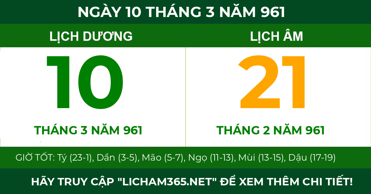lịch âm ngày 10 tháng 3 năm 961