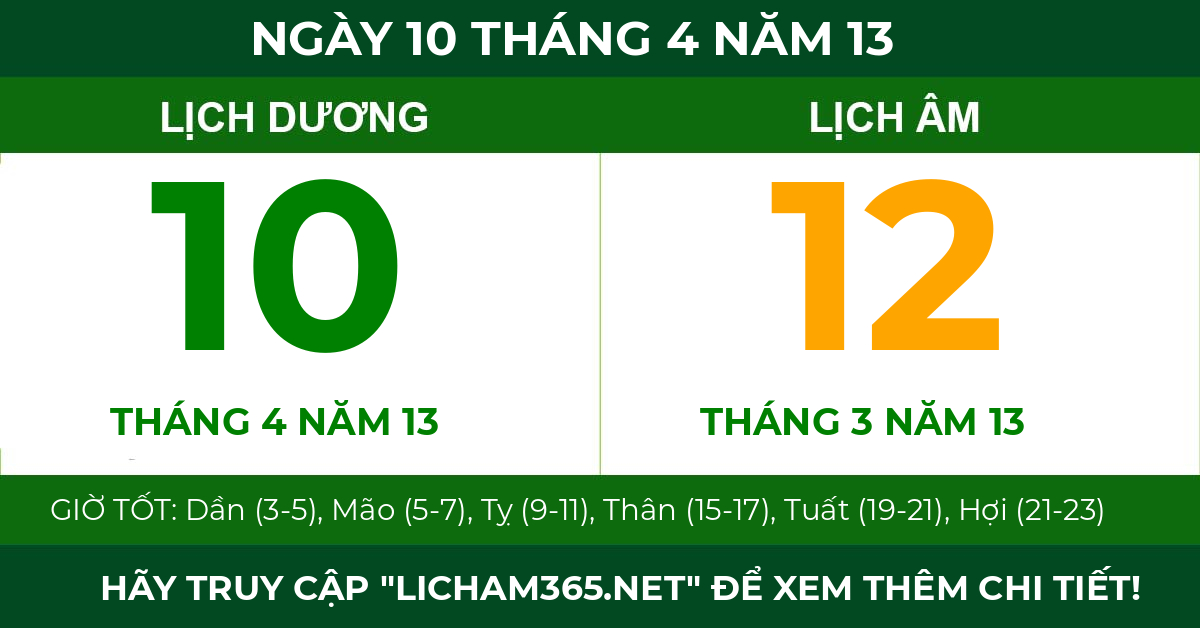 lịch âm ngày 10 tháng 4 năm 13
