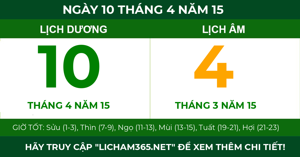 lịch âm ngày 10 tháng 4 năm 15