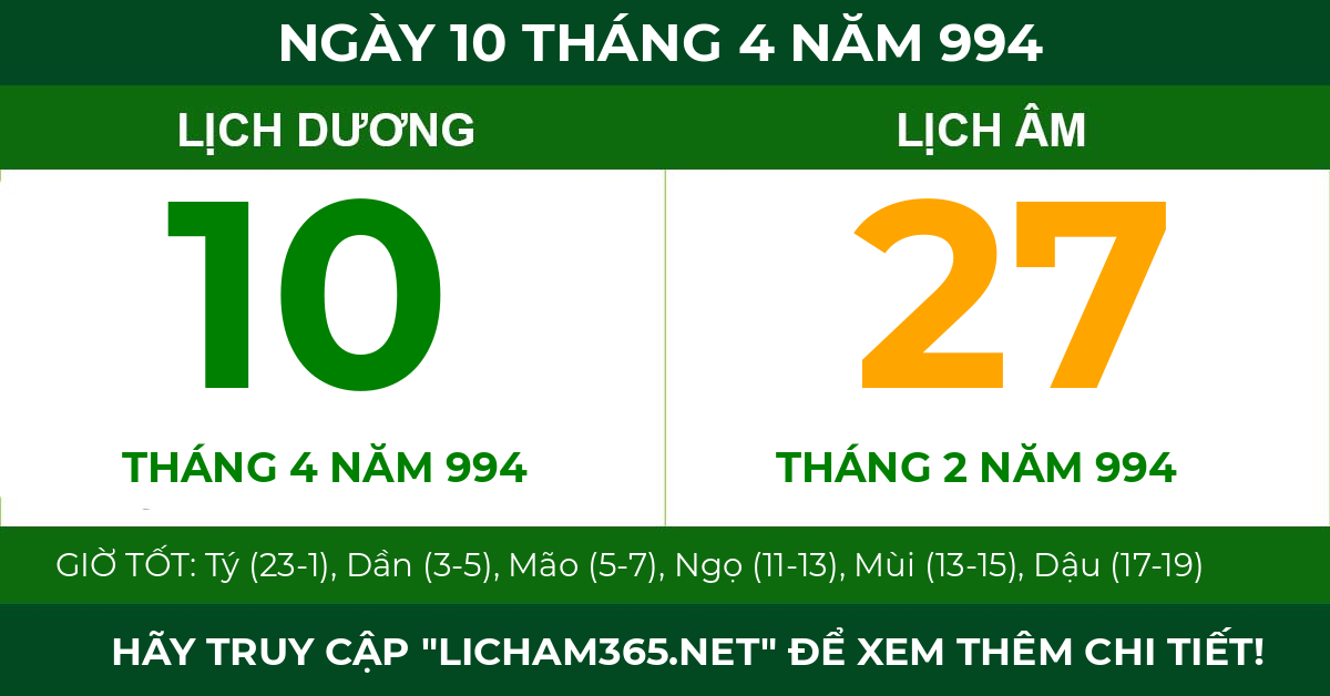 lịch âm ngày 10 tháng 4 năm 994