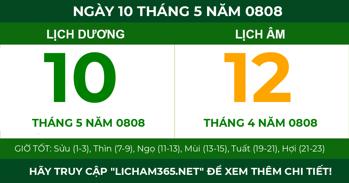 lịch âm ngày 10 tháng 5 năm 0808