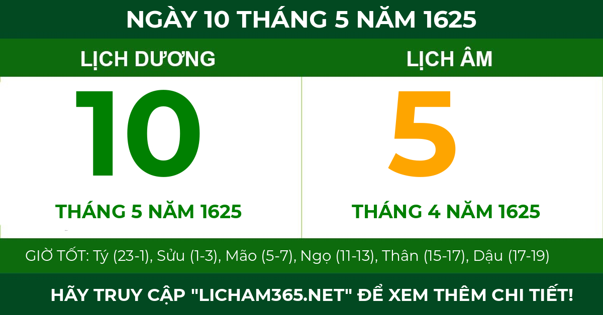 lịch âm ngày 10 tháng 5 năm 1625