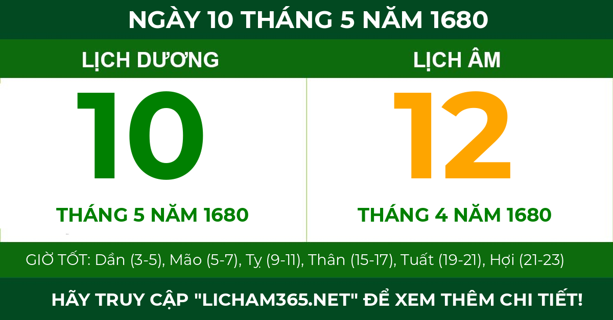 lịch âm ngày 10 tháng 5 năm 1680