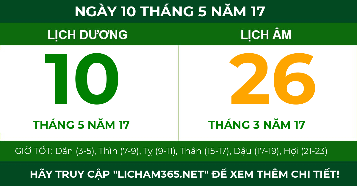 lịch âm ngày 10 tháng 5 năm 17