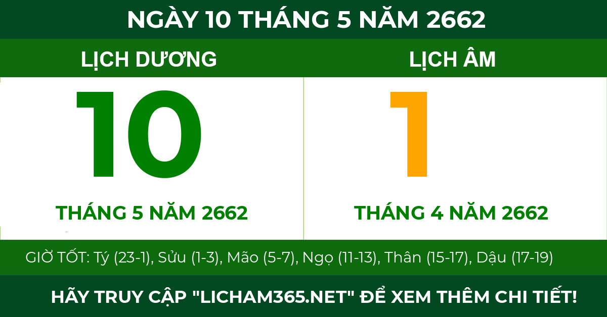 lịch âm ngày 10 tháng 5 năm 2662