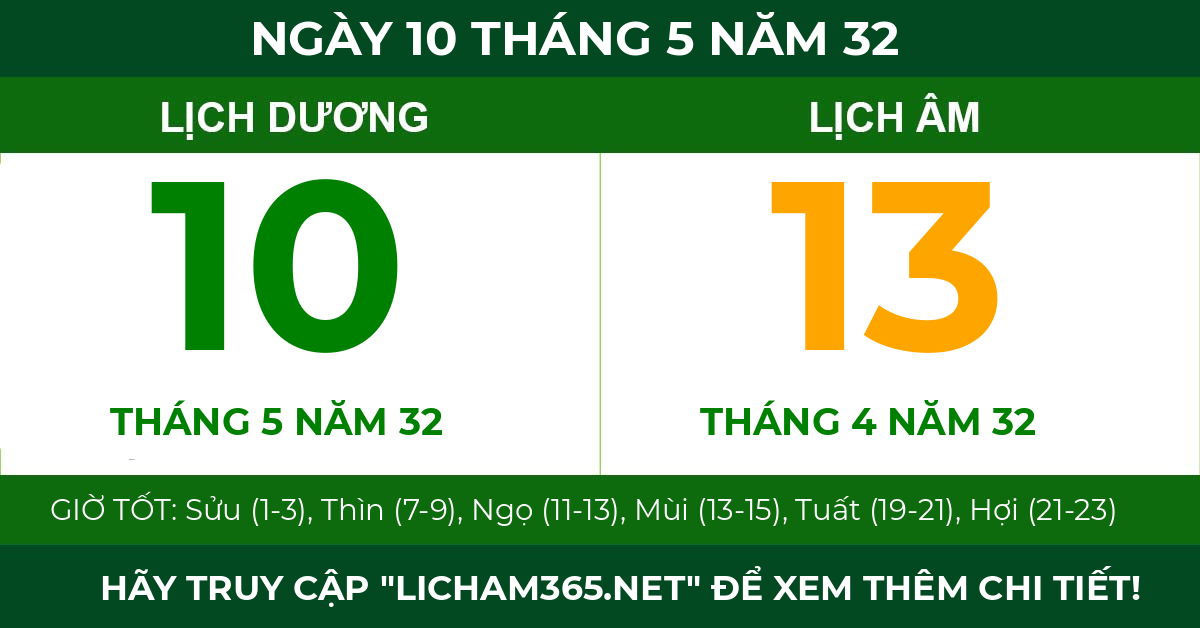 lịch âm ngày 10 tháng 5 năm 32