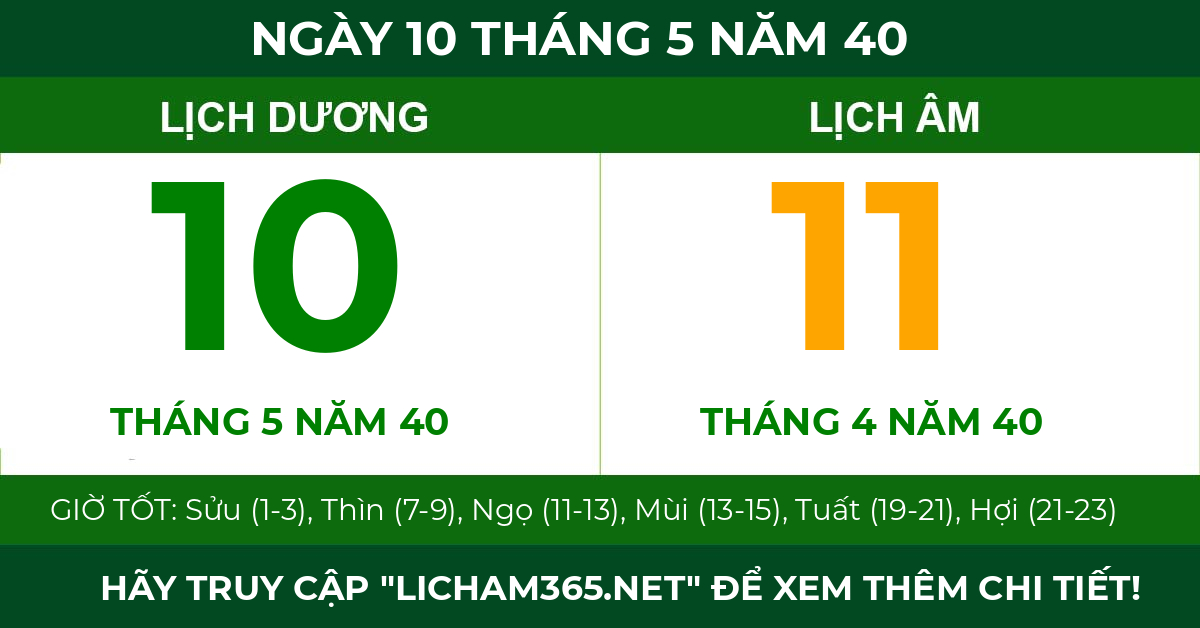 lịch âm ngày 10 tháng 5 năm 40